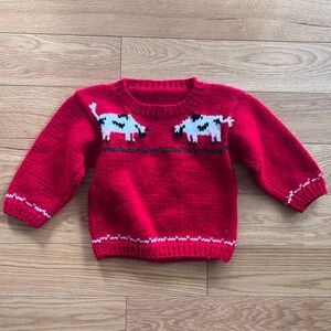 Vintage Wool (?) Red Sweater with Cow Design